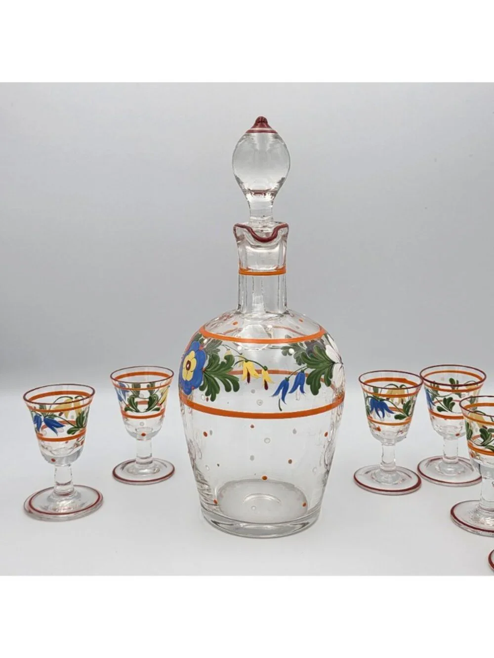 Hand-Painted Glass Decanter Enamel Flowers Stopper & 6 Shot Glasses Art Deco